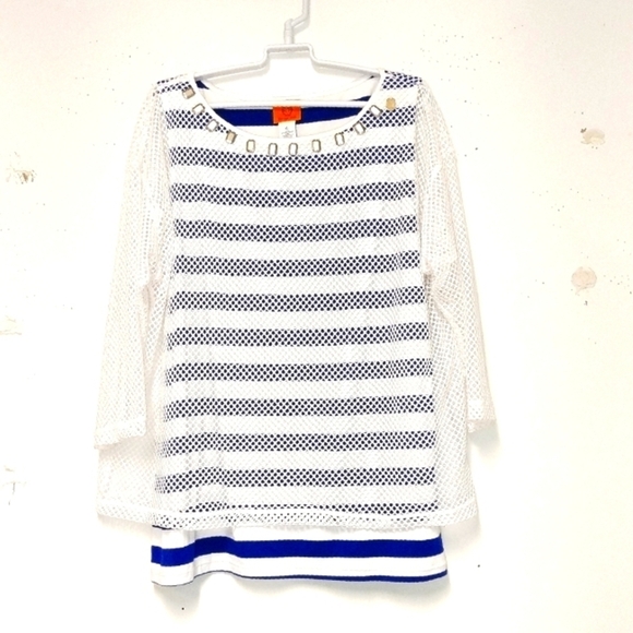 Ruby Rd top mesh over lay/blue &white horizontal strips boat neck tank S: XL - Picture 1 of 5